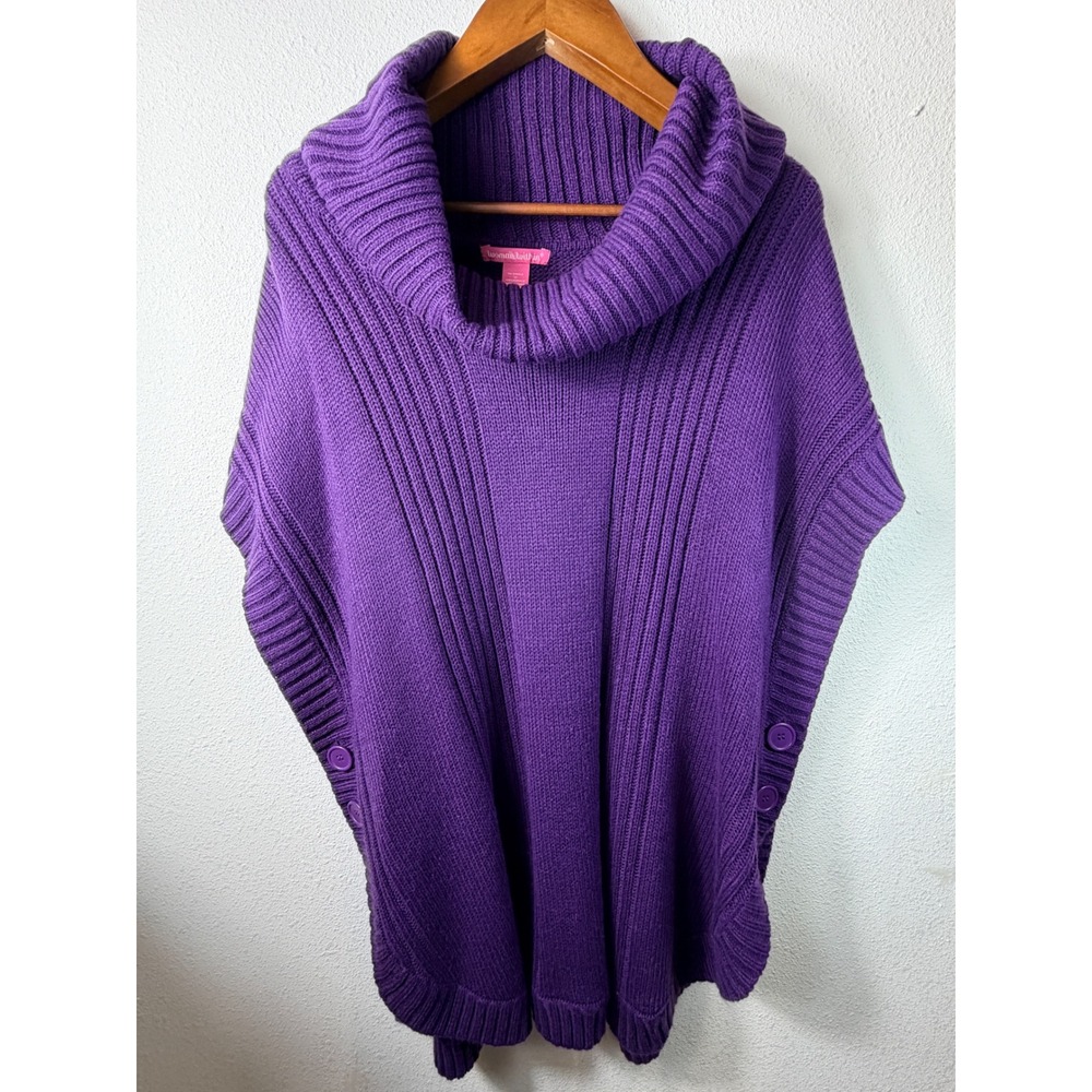 Woman Within Women Poncho Purple 1X Cowl Neck Ribbed Knit Button Side Sweater